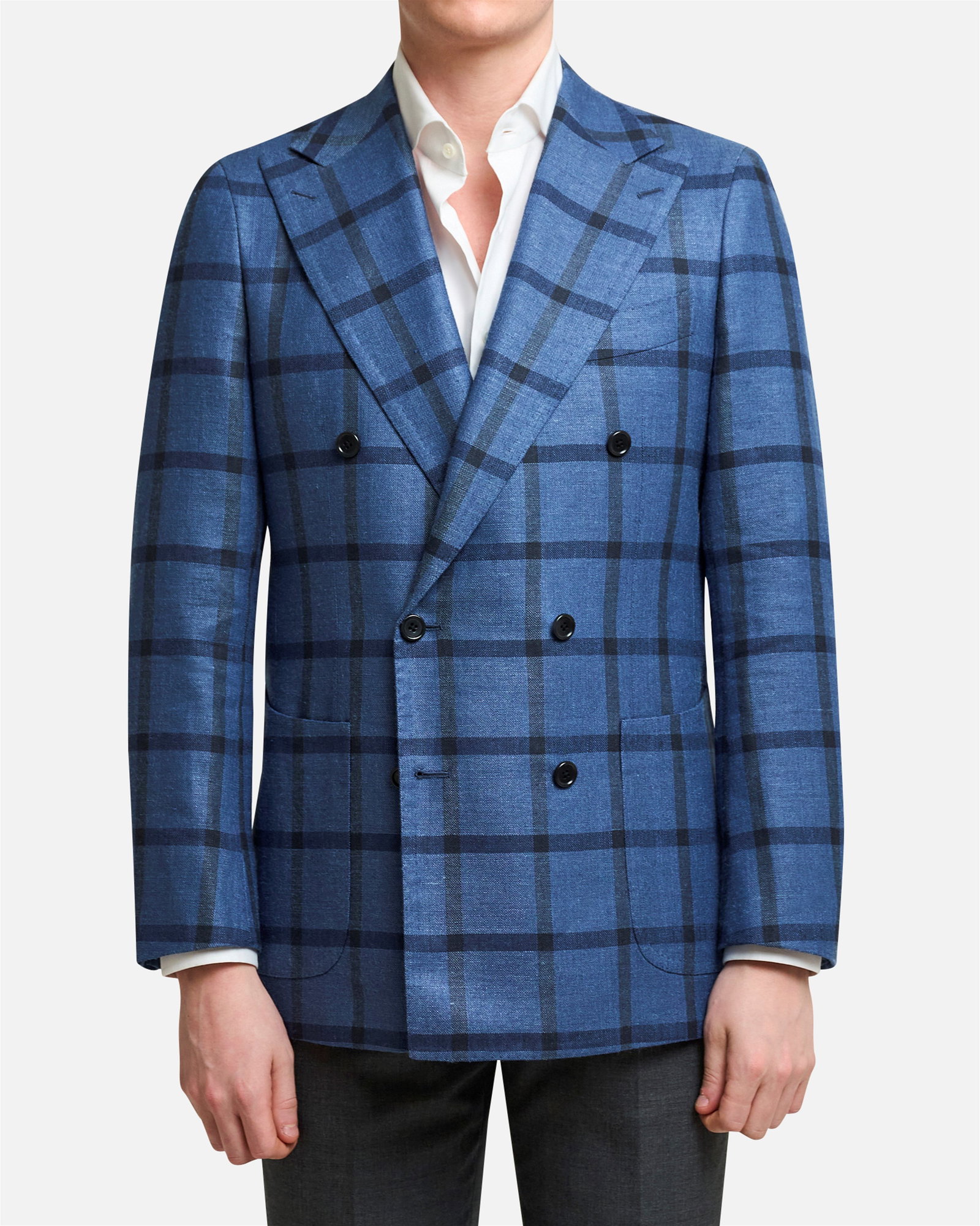 Mod 3 Double Breasted Windowpane Checked Jacket Blue - Blazers