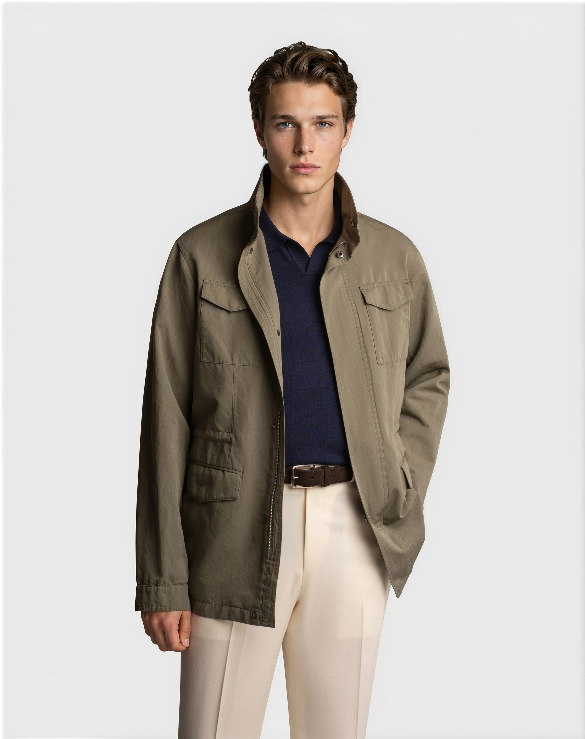Cotton Linen Field Jacket Olive - Jackets - Cavour