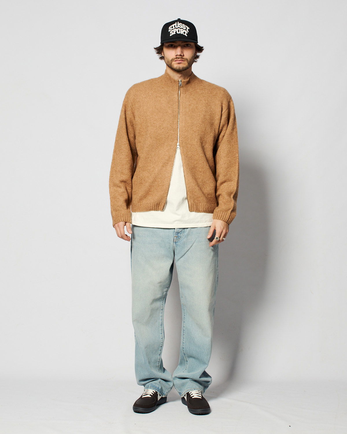 Stussy Brushed Mock Full Zip Sweater Camel - Knitwear | YME Stussy Brushed Mock Full Zip Sweater Camel - Knitwear | YME